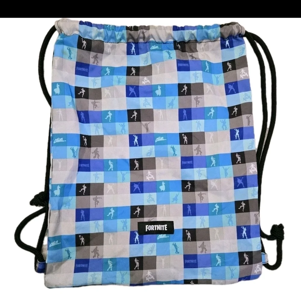 ​Fortnite Drawstring Bag Cinch Sack Blue Grey Checkered Emote Loot Llama Backpac